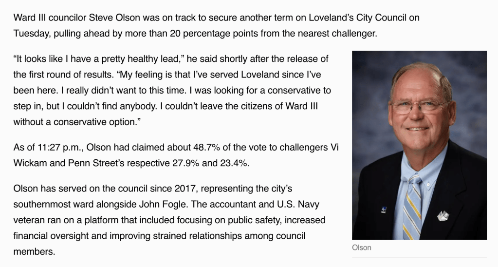 Direct quote screenshot from the Loveland Reporter-Herald